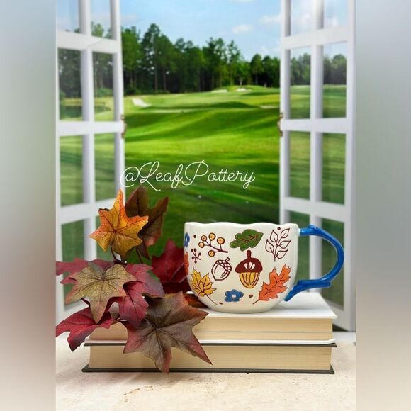 Cozy Autumn Leaves & Acorn Mug – Hand-Painted Ceramic Cup with Blue Handle, 16oz - Picture 6 of 10